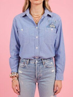 Vintage Blue Chambray Button Up Long Sleeve Shirt with Bear Pocket Embroidery